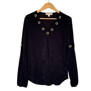 MICHAEL Michael Kors Women's Long Sleeve V-Neck Top Size S Black Gold Accents